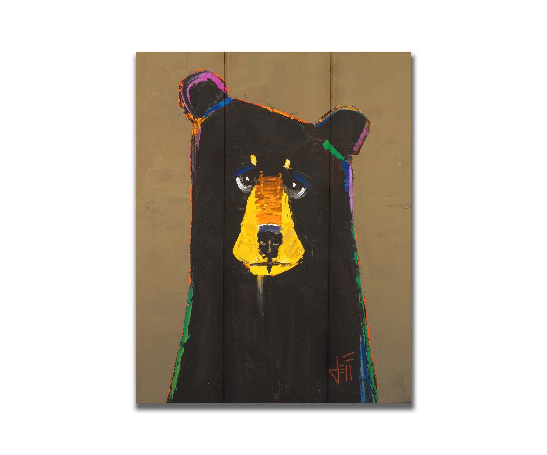 A painting of a black bear in a simplified style with flat colors, accented with a spectrum of outlines. Printed on a box board.