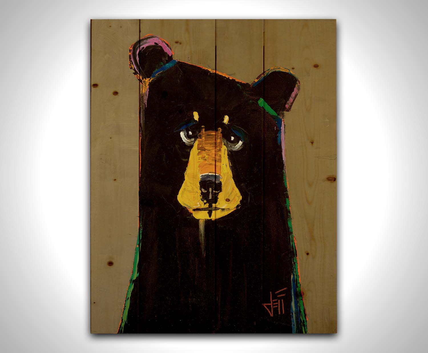 A painting of a black bear in a simplified style with flat colors, accented with a spectrum of outlines. Printed on a wood pallet.