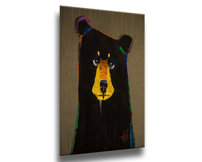 A painting of a black bear in a simplified style with flat colors, accented with a spectrum of outlines. Printed on metal.