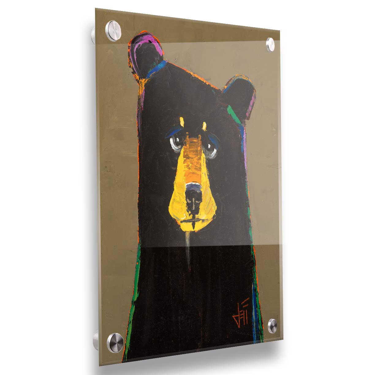 A painting of a black bear in a simplified style with flat colors, accented with a spectrum of outlines. Printed on acrylic.