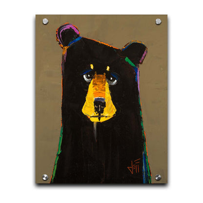 A painting of a black bear in a simplified style with flat colors, accented with a spectrum of outlines. Printed on acrylic.