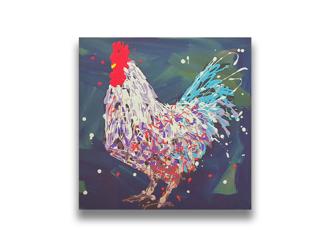 A drip painting of a white, lavender, and blue rooster against a brushstroke blue and green background. Printed on canvas.