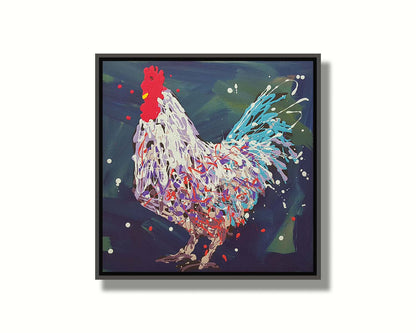 A drip painting of a white, lavender, and blue rooster against a brushstroke blue and green background. Printed on canvas in a float frame.