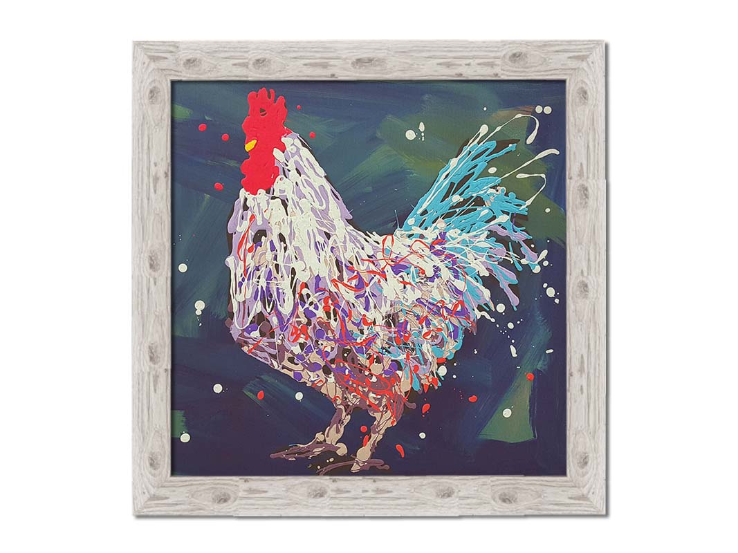 A drip painting of a white, lavender, and blue rooster against a brushstroke blue and green background. Printed on canvas and framed.