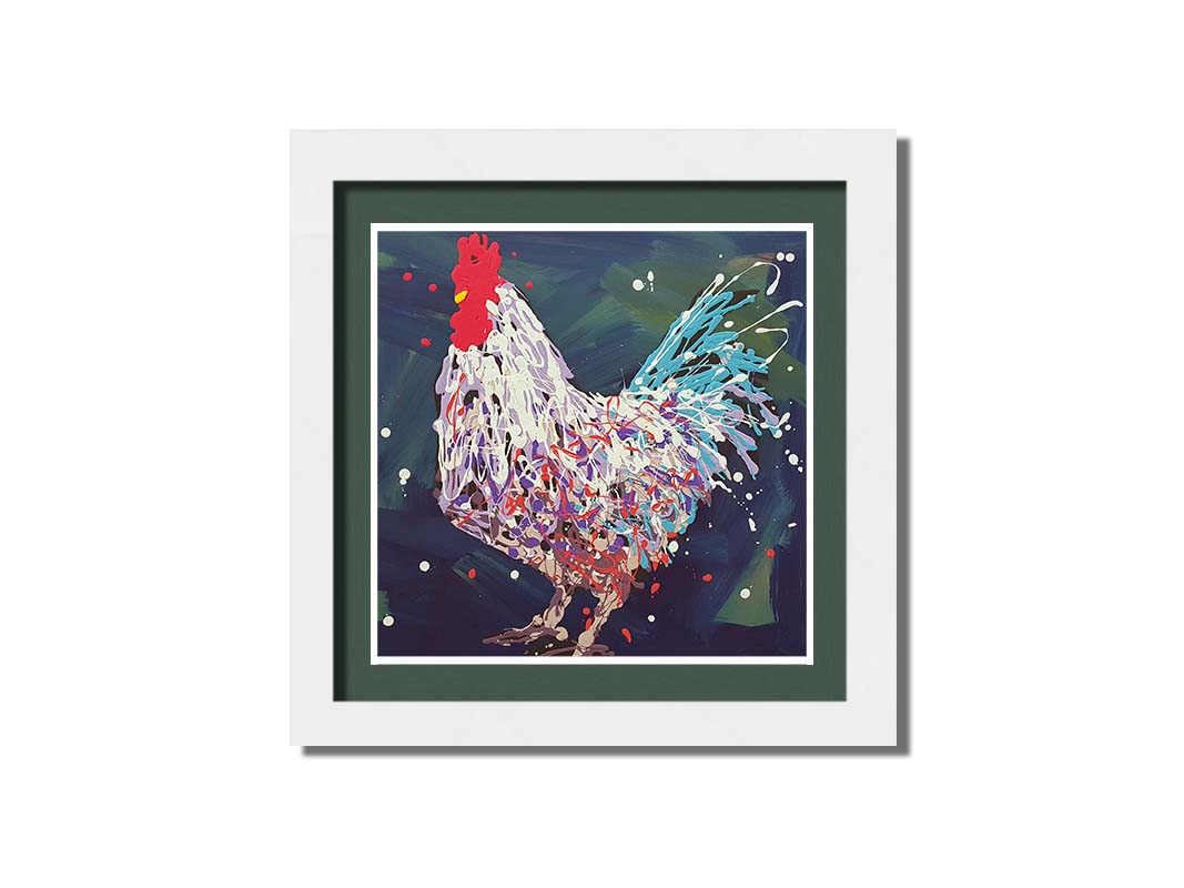 A drip painting of a white, lavender, and blue rooster against a brushstroke blue and green background. Printed on paper. matted, and framed.