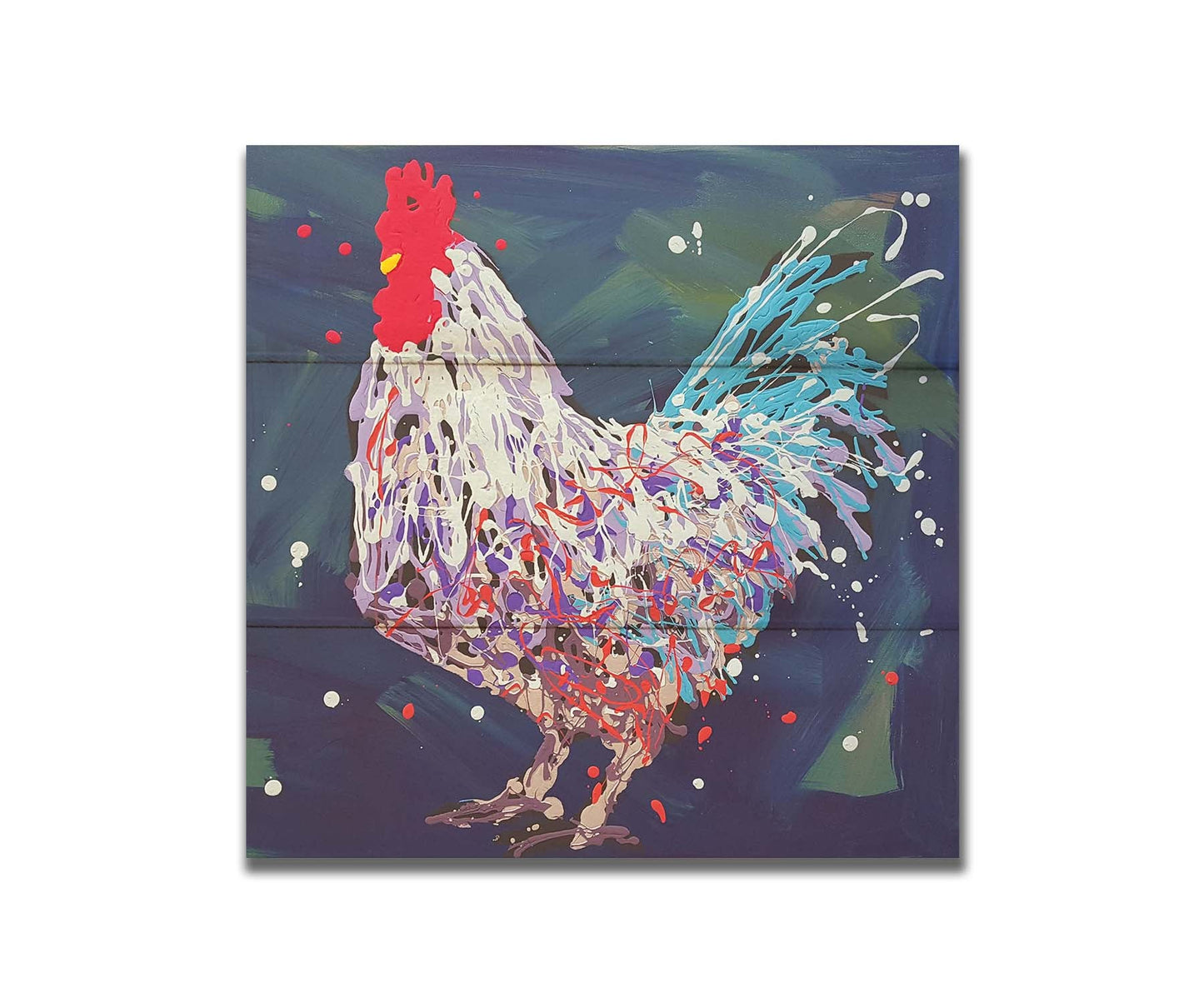 A drip painting of a white, lavender, and blue rooster against a brushstroke blue and green background. Printed on a box board.