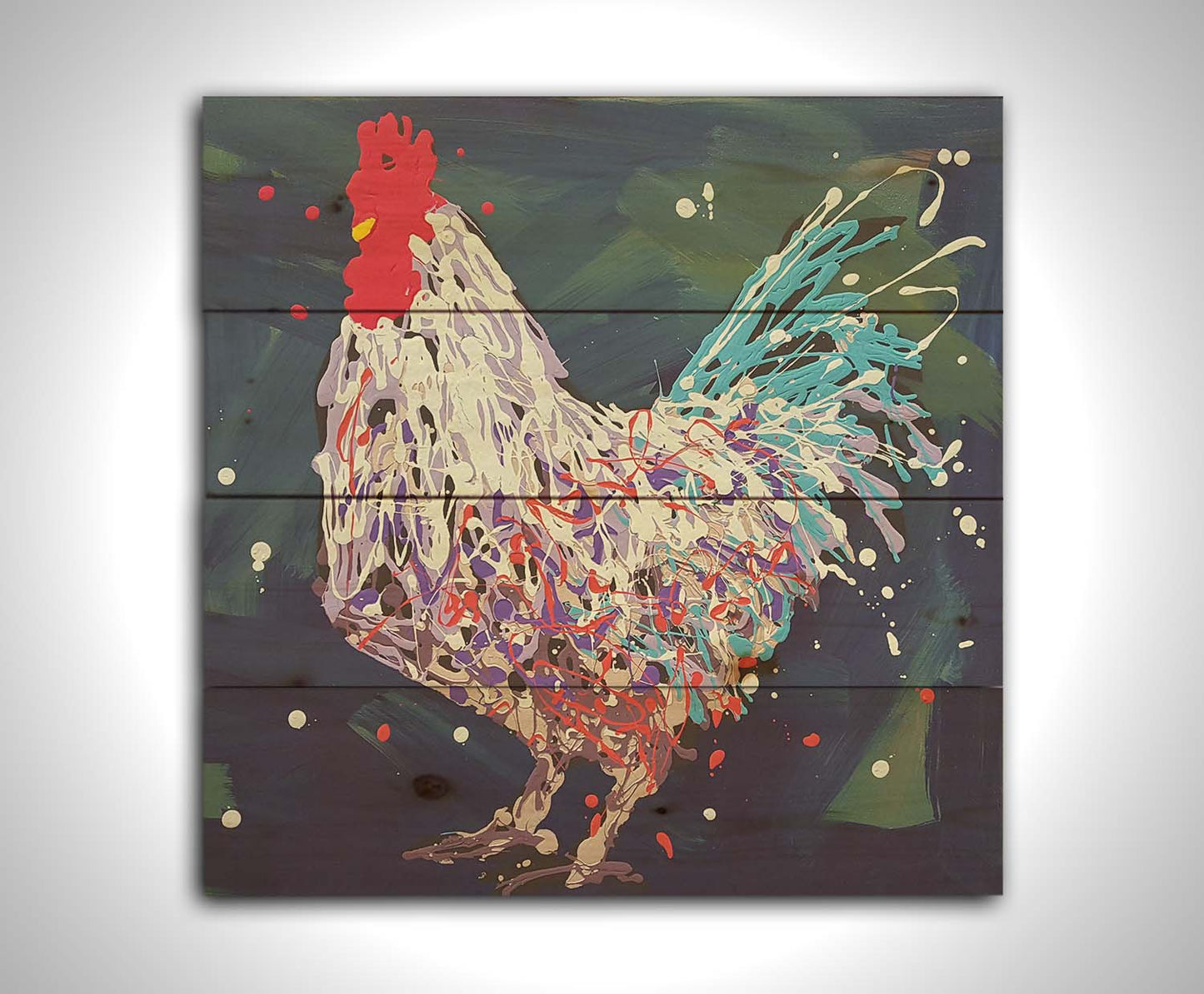 A drip painting of a white, lavender, and blue rooster against a brushstroke blue and green background. Printed on a wood pallet.