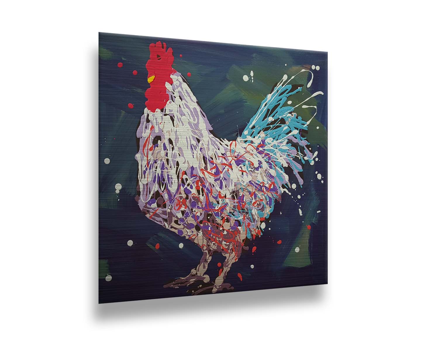 A drip painting of a white, lavender, and blue rooster against a brushstroke blue and green background. Printed on metal.