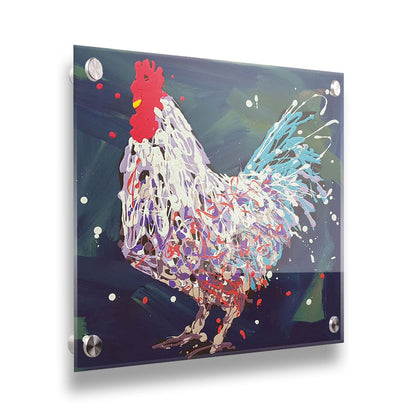 A drip painting of a white, lavender, and blue rooster against a brushstroke blue and green background. Printed on acrylic.