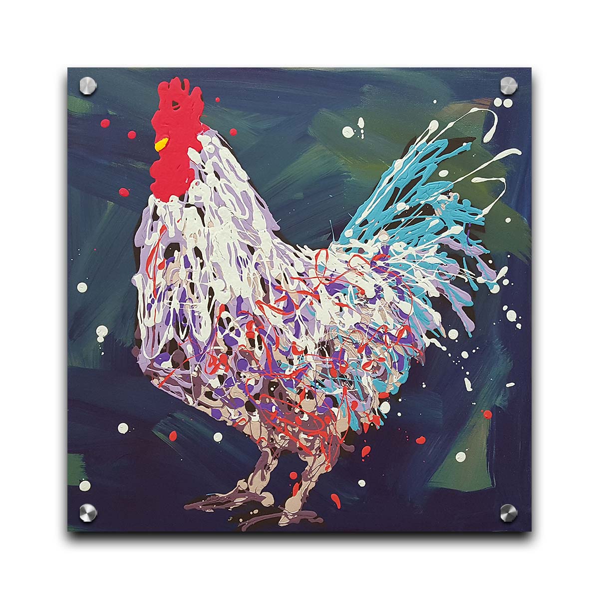 A drip painting of a white, lavender, and blue rooster against a brushstroke blue and green background. Printed on acrylic.