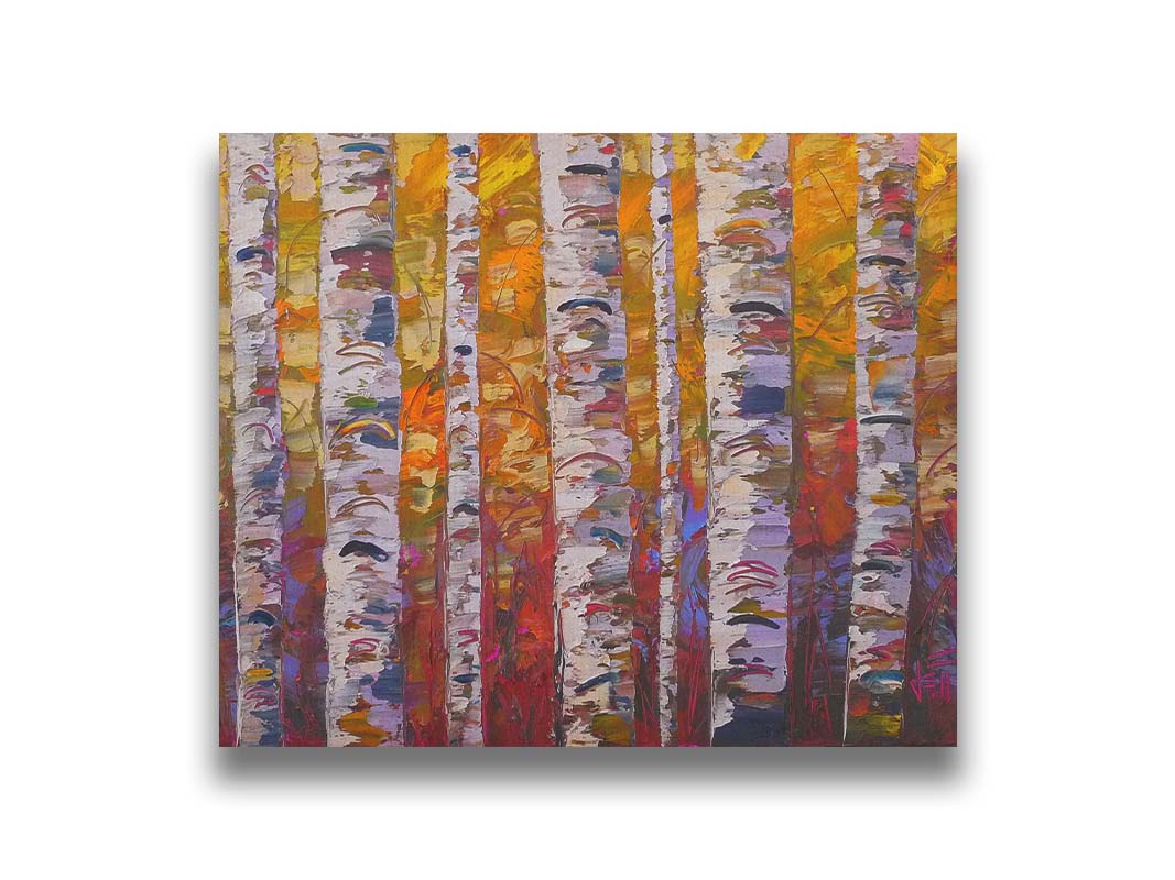 A highly textured landscape painting of a birch forest in a palette of red, orange, yellow, and purple. Printed on canvas.