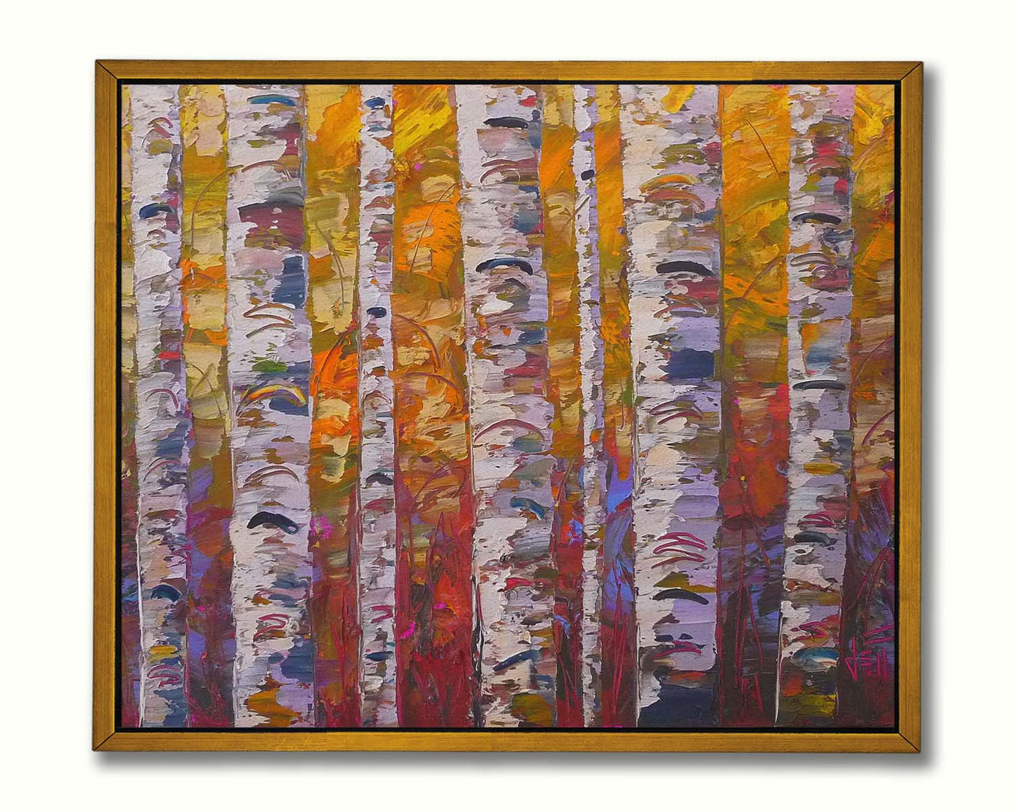 A highly textured landscape painting of a birch forest in a palette of red, orange, yellow, and purple. Printed on canvas in a float frame.