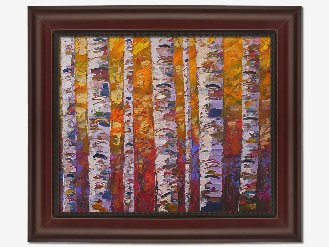 A highly textured landscape painting of a birch forest in a palette of red, orange, yellow, and purple. Printed on canvas and framed.