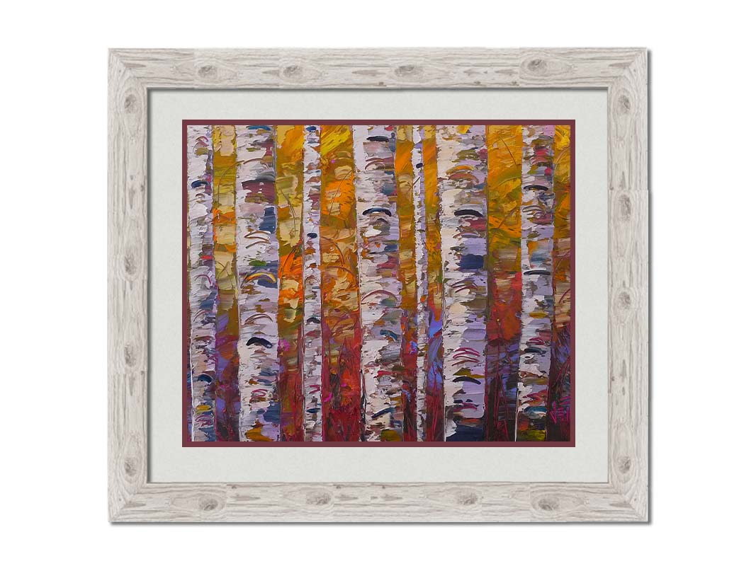 A highly textured landscape painting of a birch forest in a palette of red, orange, yellow, and purple. Printed on paper, matted, and framed.