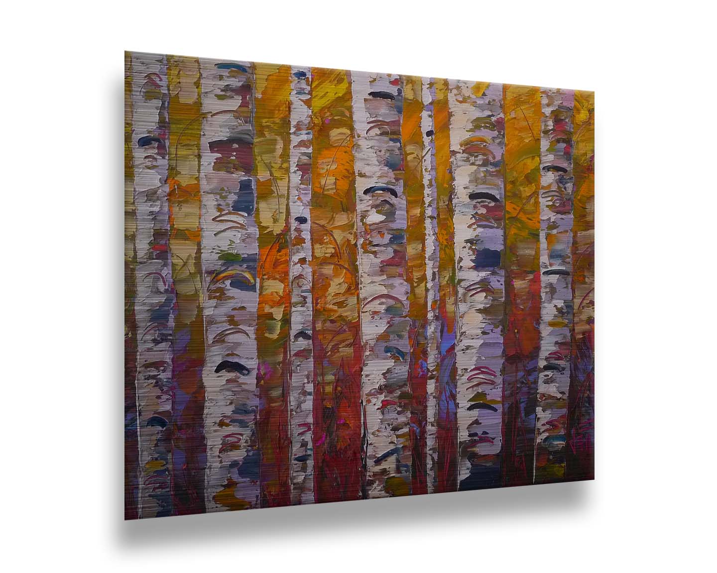 A highly textured landscape painting of a birch forest in a palette of red, orange, yellow, and purple. Printed on metal.