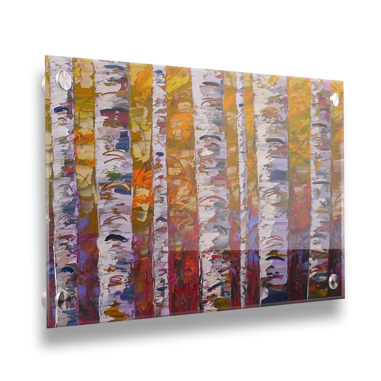 A highly textured landscape painting of a birch forest in a palette of red, orange, yellow, and purple. Printed on acrylic.