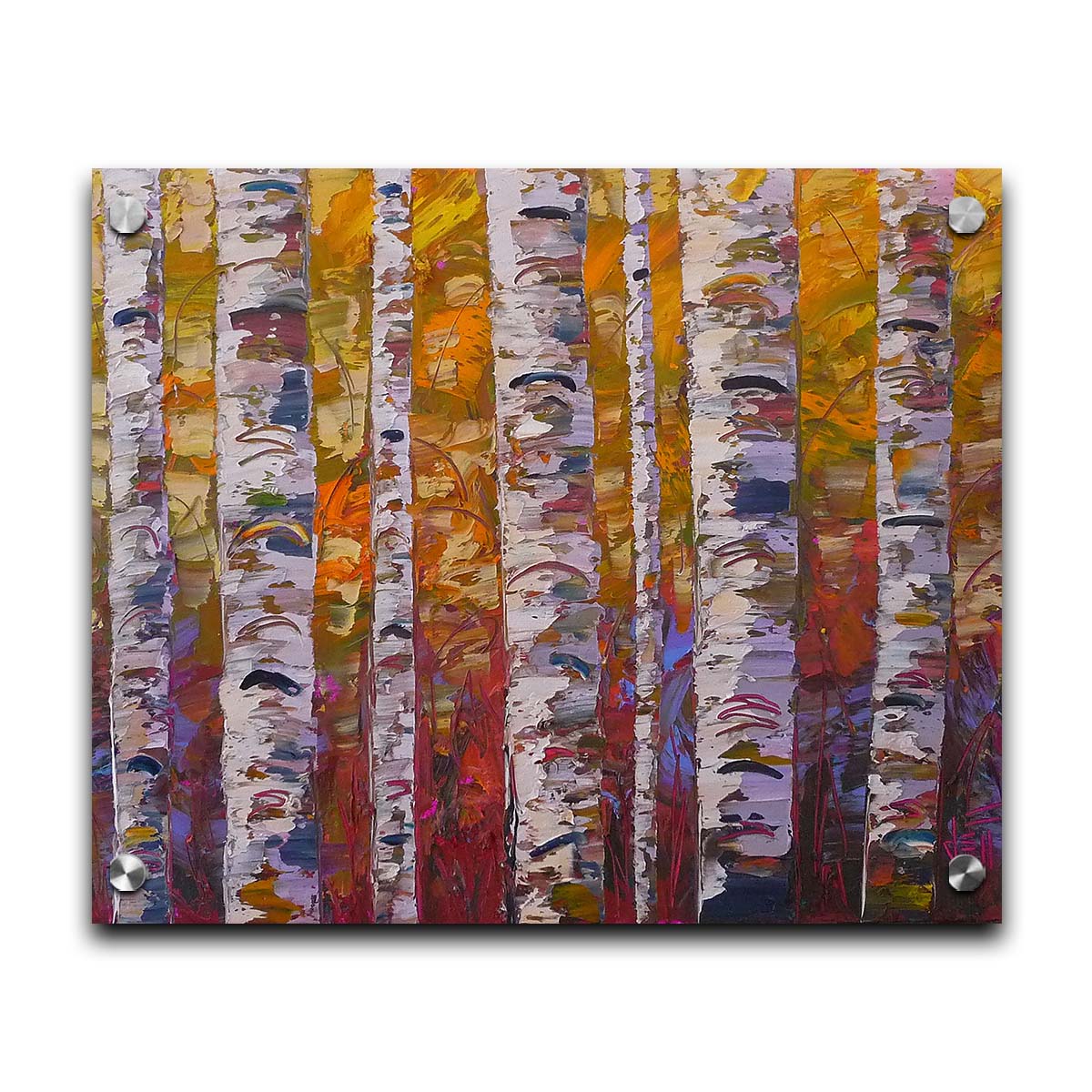 A highly textured landscape painting of a birch forest in a palette of red, orange, yellow, and purple. Printed on acrylic.