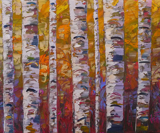 A highly textured landscape painting of a birch forest in a palette of red, orange, yellow, and purple.
