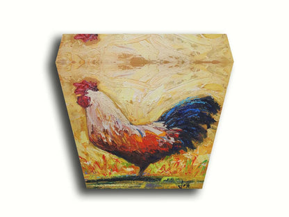 A painting of an orange and blue rooster in a yellow environment with red and green grasses. Printed on canvas.