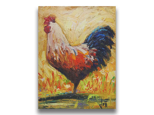 A painting of an orange and blue rooster in a yellow environment with red and green grasses. Printed on canvas.