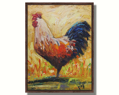 A painting of an orange and blue rooster in a yellow environment with red and green grasses. Printed on canvas in a float frame.