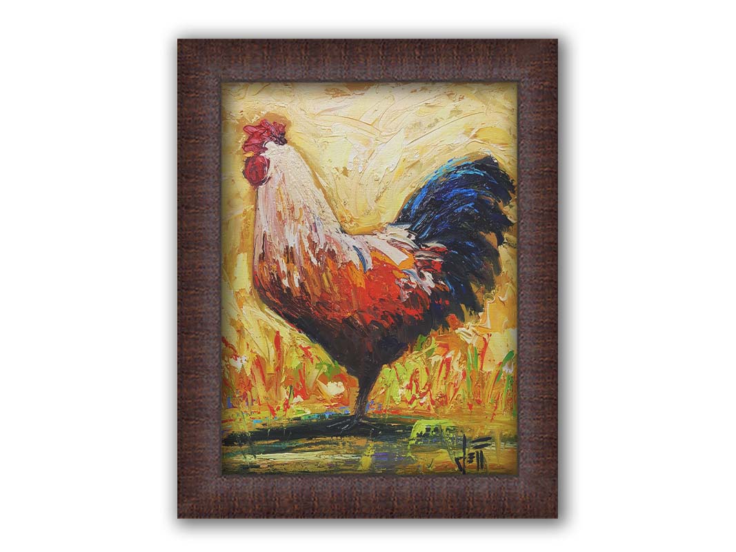 A painting of an orange and blue rooster in a yellow environment with red and green grasses. Printed on canvas and framed.