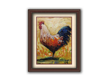 A painting of an orange and blue rooster in a yellow environment with red and green grasses. Printed on paper, matted, and framed.