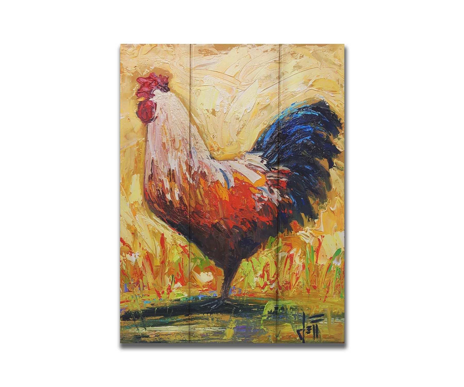 A painting of an orange and blue rooster in a yellow environment with red and green grasses. Printed on a box board.