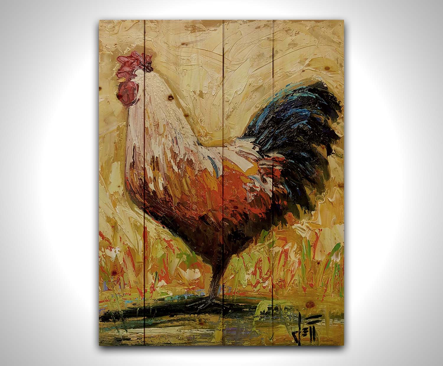 A painting of an orange and blue rooster in a yellow environment with red and green grasses. Printed on a wood pallet.