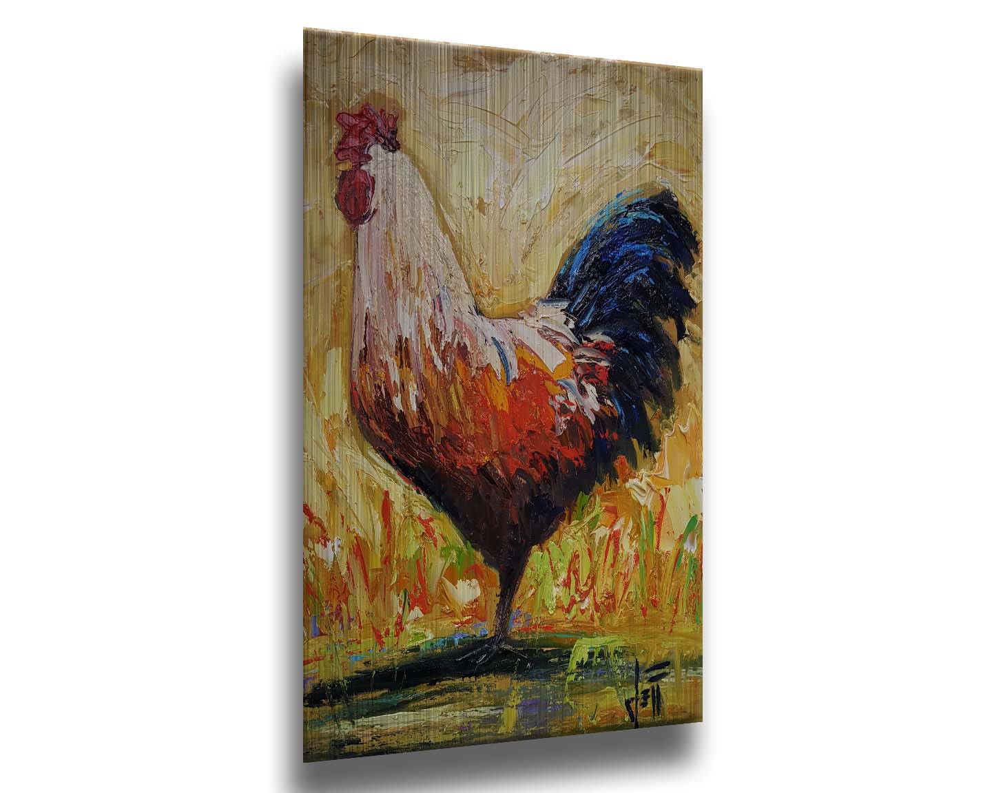 A painting of an orange and blue rooster in a yellow environment with red and green grasses. Printed on metal.