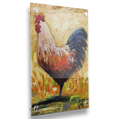 A painting of an orange and blue rooster in a yellow environment with red and green grasses. Printed on acrylic.