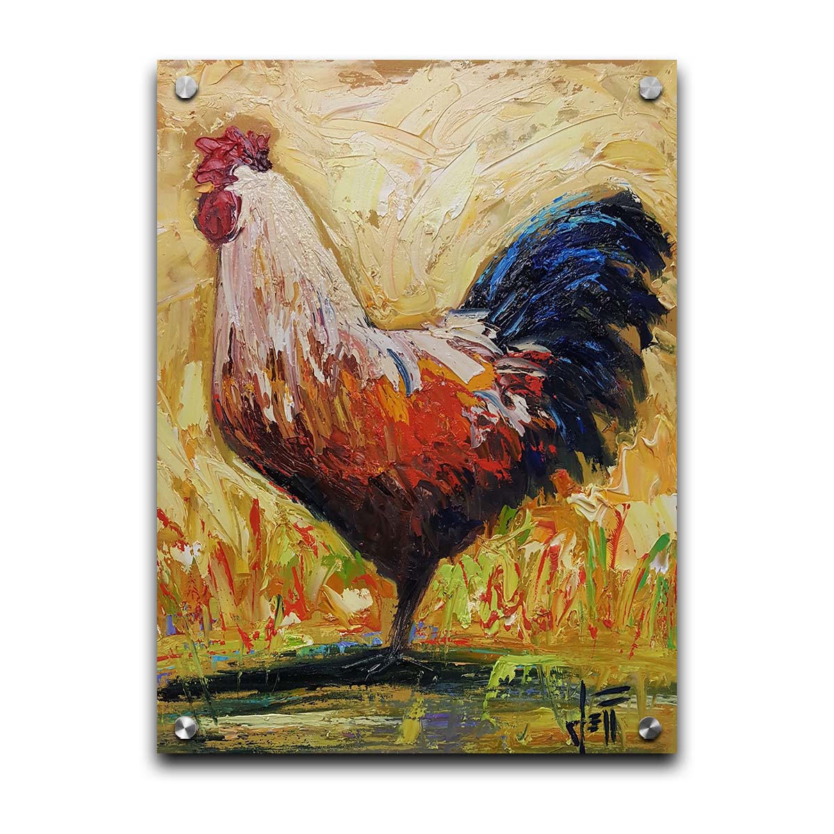 A painting of an orange and blue rooster in a yellow environment with red and green grasses. Printed on acrylic.