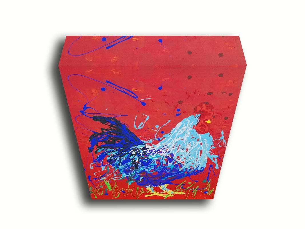 A drip painting of a blue rooster against a red backdrop. Printed on canvas.