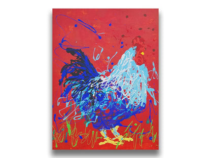 A drip painting of a blue rooster against a red backdrop. Printed on canvas.