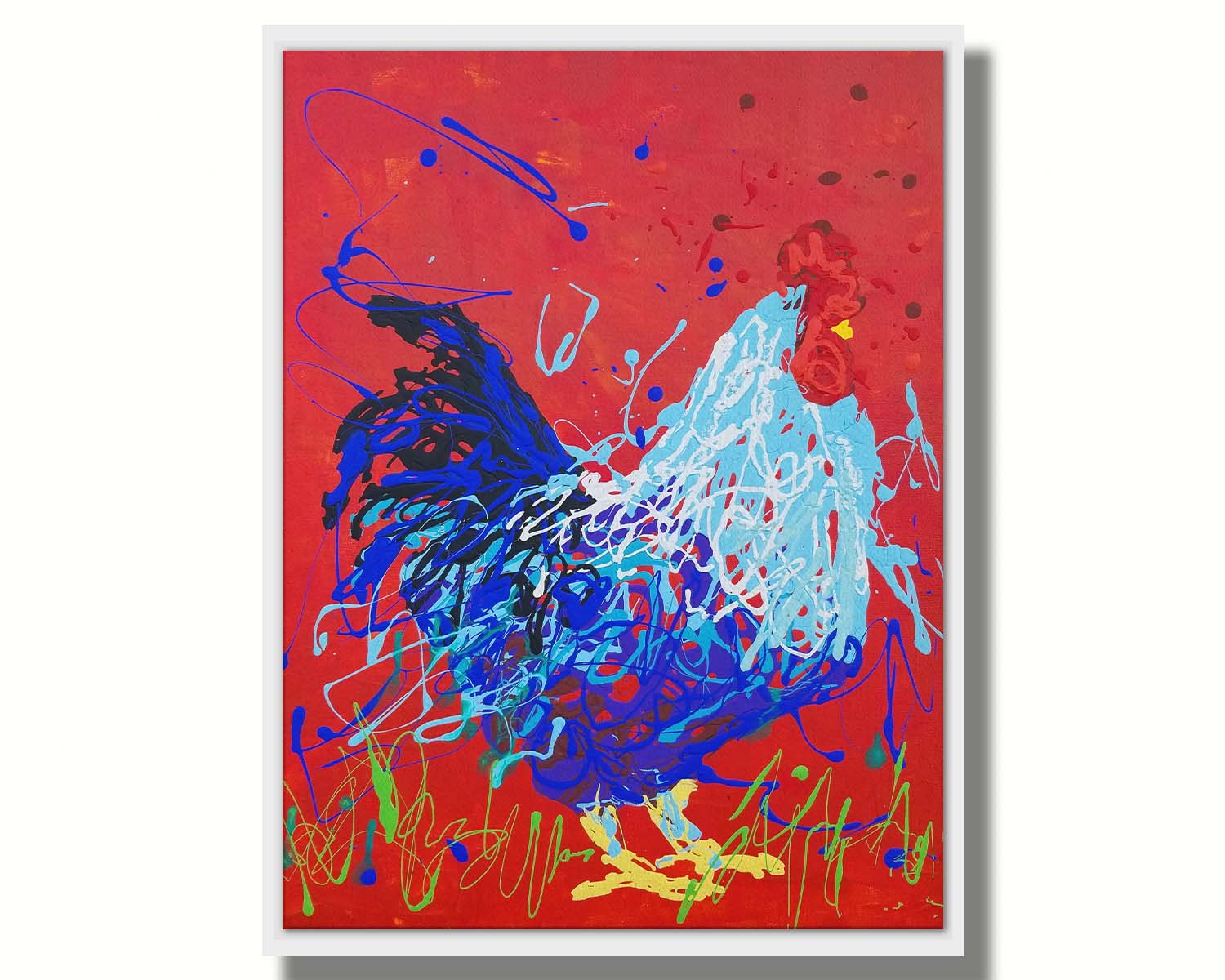 A drip painting of a blue rooster against a red backdrop. Printed on canvas in a float frame.