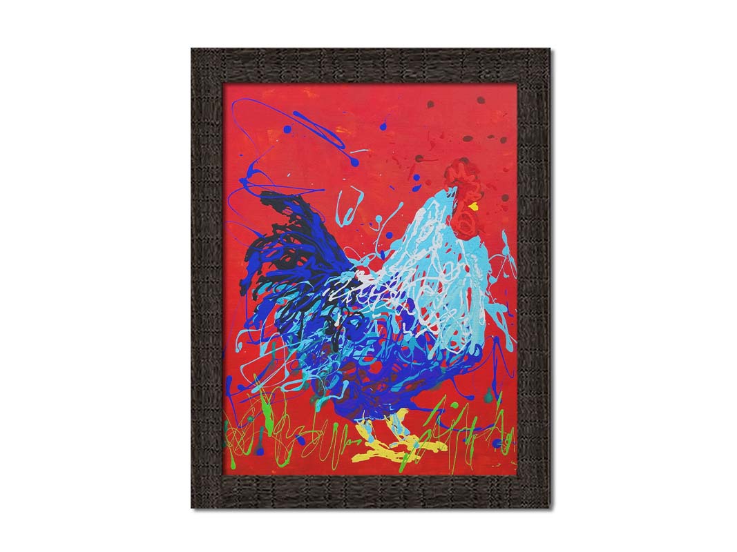 A drip painting of a blue rooster against a red backdrop. Printed on canvas and framed.