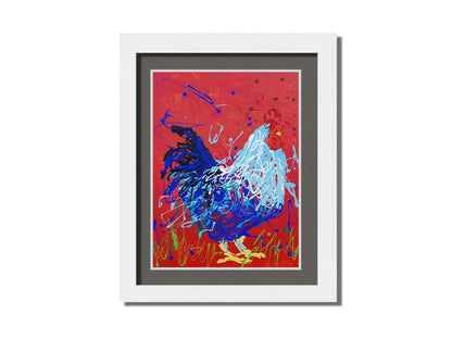 A drip painting of a blue rooster against a red backdrop. Printed on paper, matted, and framed.