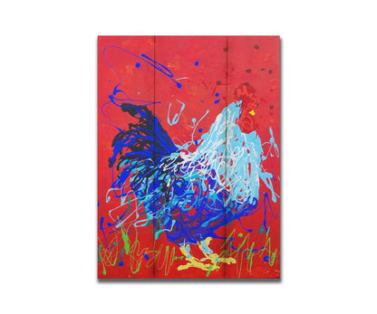 A drip painting of a blue rooster against a red backdrop. Printed on a box board.