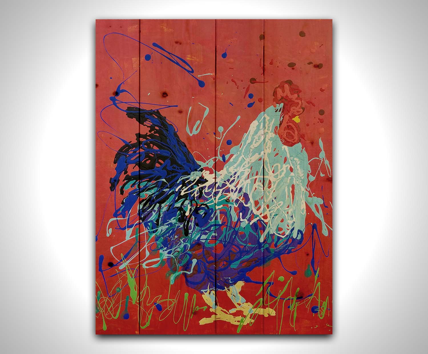 A drip painting of a blue rooster against a red backdrop. Printed on a wood pallet.