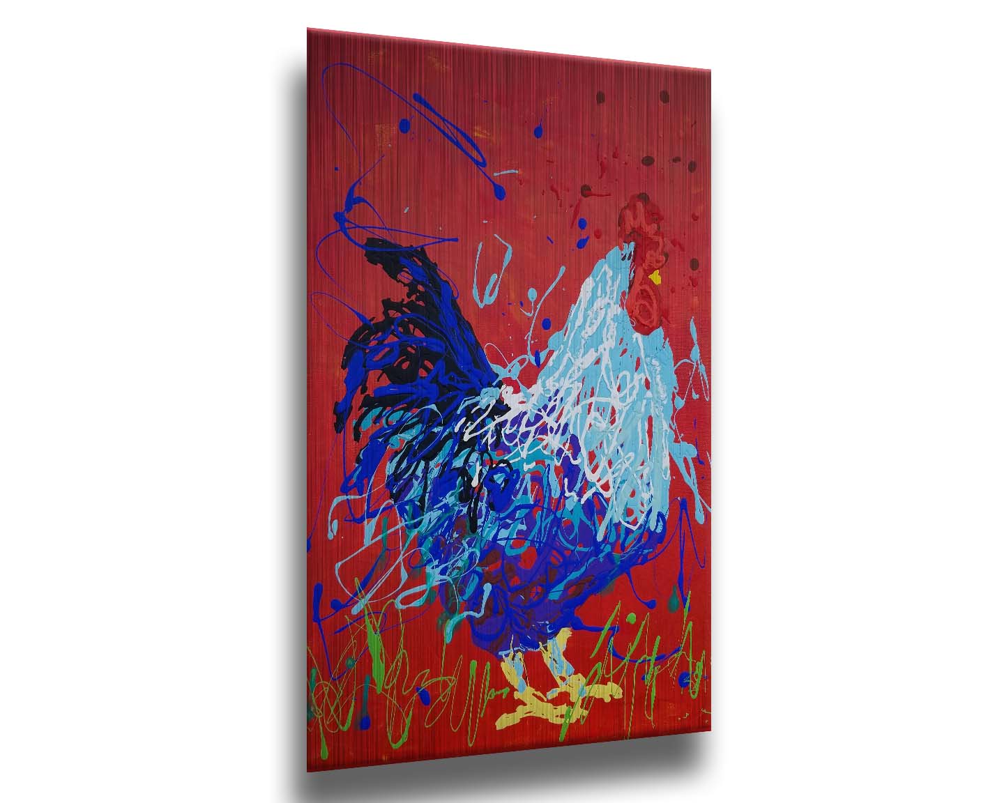 A drip painting of a blue rooster against a red backdrop. Printed on metal.