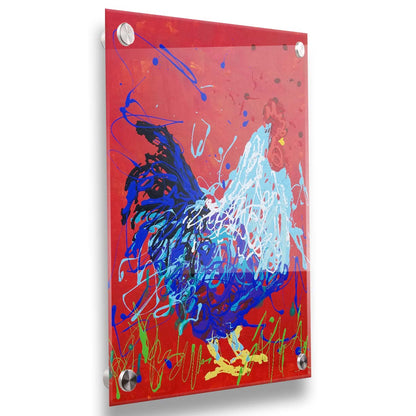 A drip painting of a blue rooster against a red backdrop. Printed on acrylic.