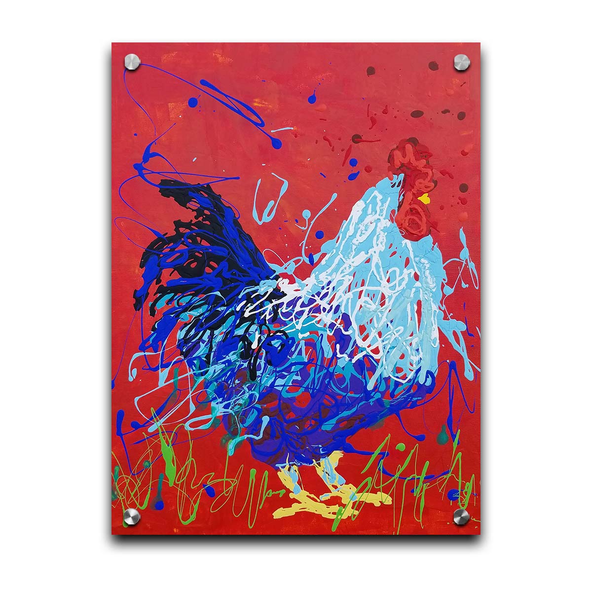 A drip painting of a blue rooster against a red backdrop. Printed on acrylic.