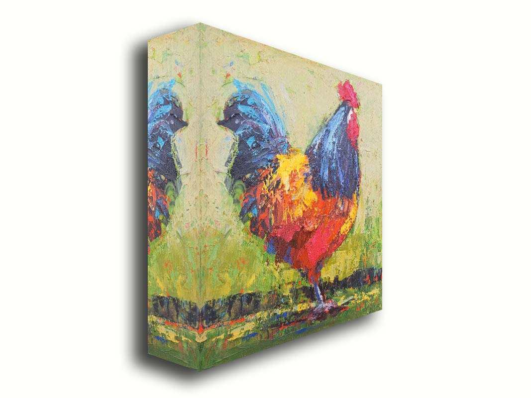 A painting of an orange and blue rooster in a green landscape. Printed on canvas.