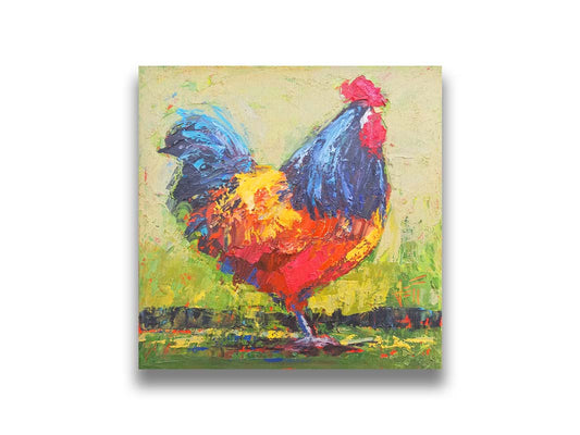 A painting of an orange and blue rooster in a green landscape. Printed on canvas.