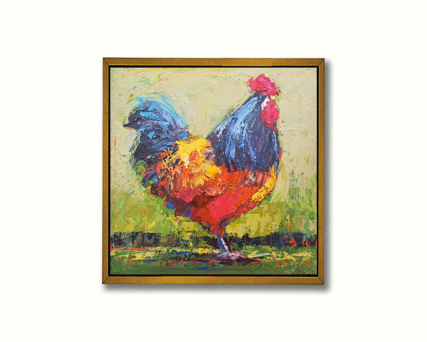 A painting of an orange and blue rooster in a green landscape. Printed on canvas in a float frame.