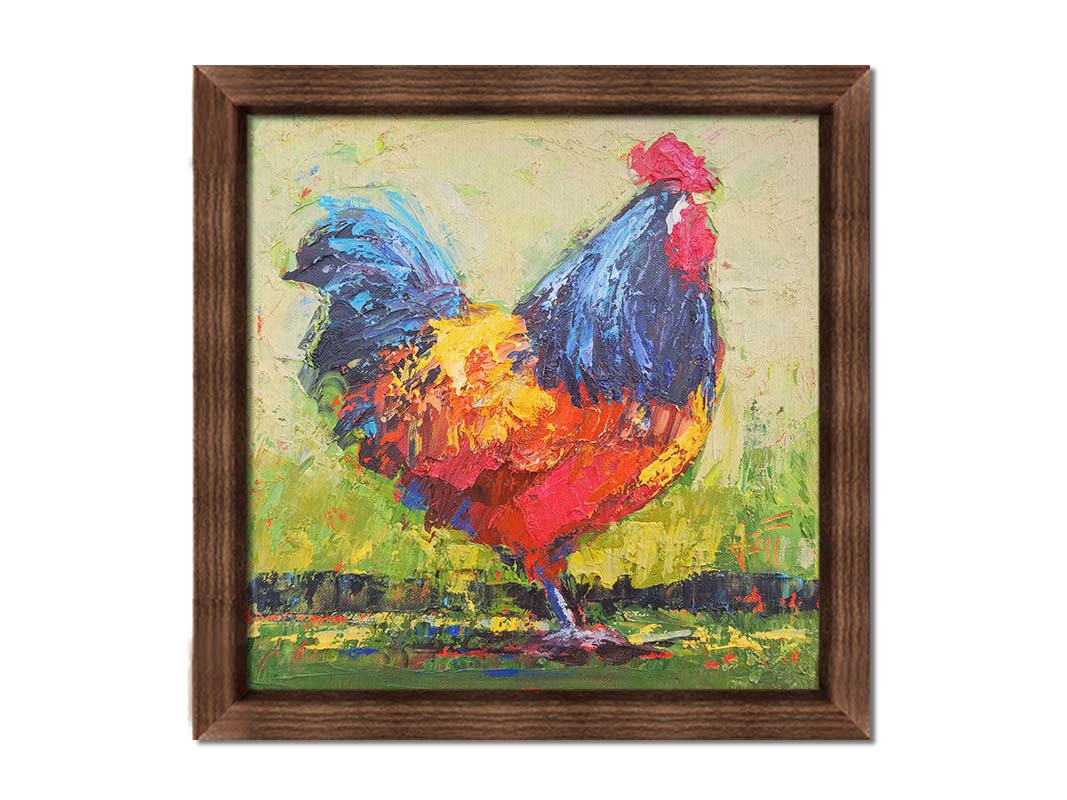 A painting of an orange and blue rooster in a green landscape. Printed on canvas and framed.