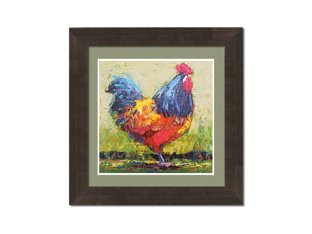 A painting of an orange and blue rooster in a green landscape. Printed on paper, matted, and framed.