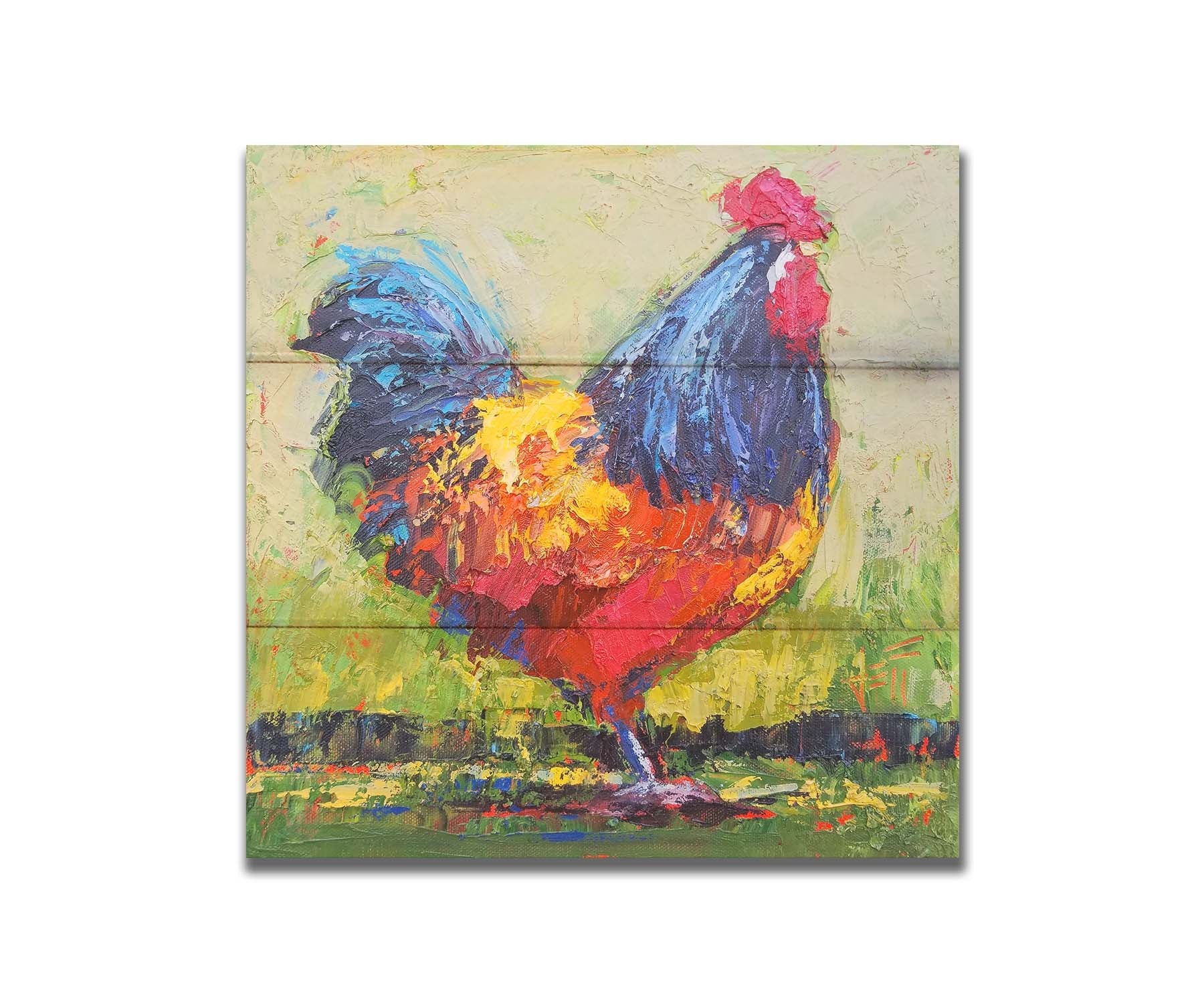 A painting of an orange and blue rooster in a green landscape. Printed on a box board.