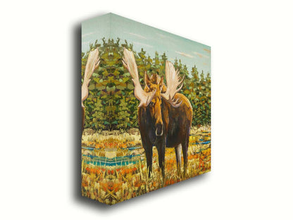 A painting of a moose standing in a bright yellow and orange field, dotted with blue puddles. An evergreen forest borders this Gunflint Trail field in Minnesota. Printed on canvas.