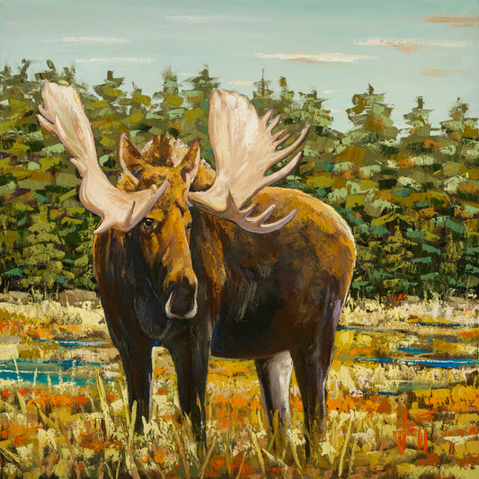 A painting of a moose standing in a bright yellow and orange field, dotted with blue puddles. An evergreen forest borders this Gunflint Trail field in Minnesota.
